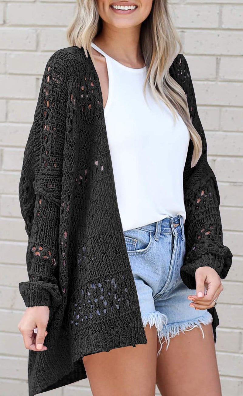 Ermonn Womens Crochet Cardigan Sweater Kimonos Boho Solid Color Oversized Fall Open Front Outwear - Image 2
